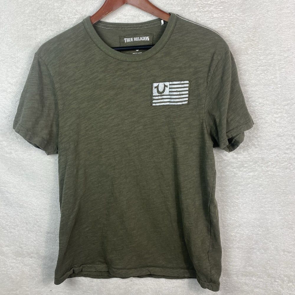 True‎ Religion T-Shirt Men M Military Green Crew Neck Short Sleeve Horseshoe